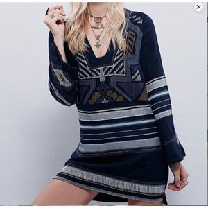 Free People Sundown Mini Dress Navy White Gold Embroidery Size Small